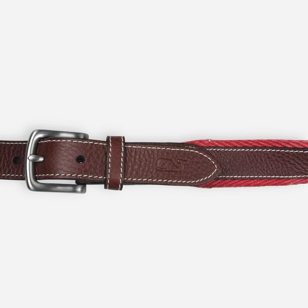 Vineyard Vines Men's Belt Chevron Webbing Canvas Leather Jetty‎ Red Sz 44